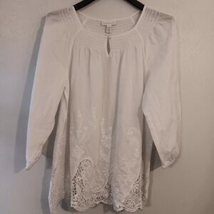 Charter Club White Embroidered Tunic Top Smocked Neck Long Sleeve‎ Blouse M